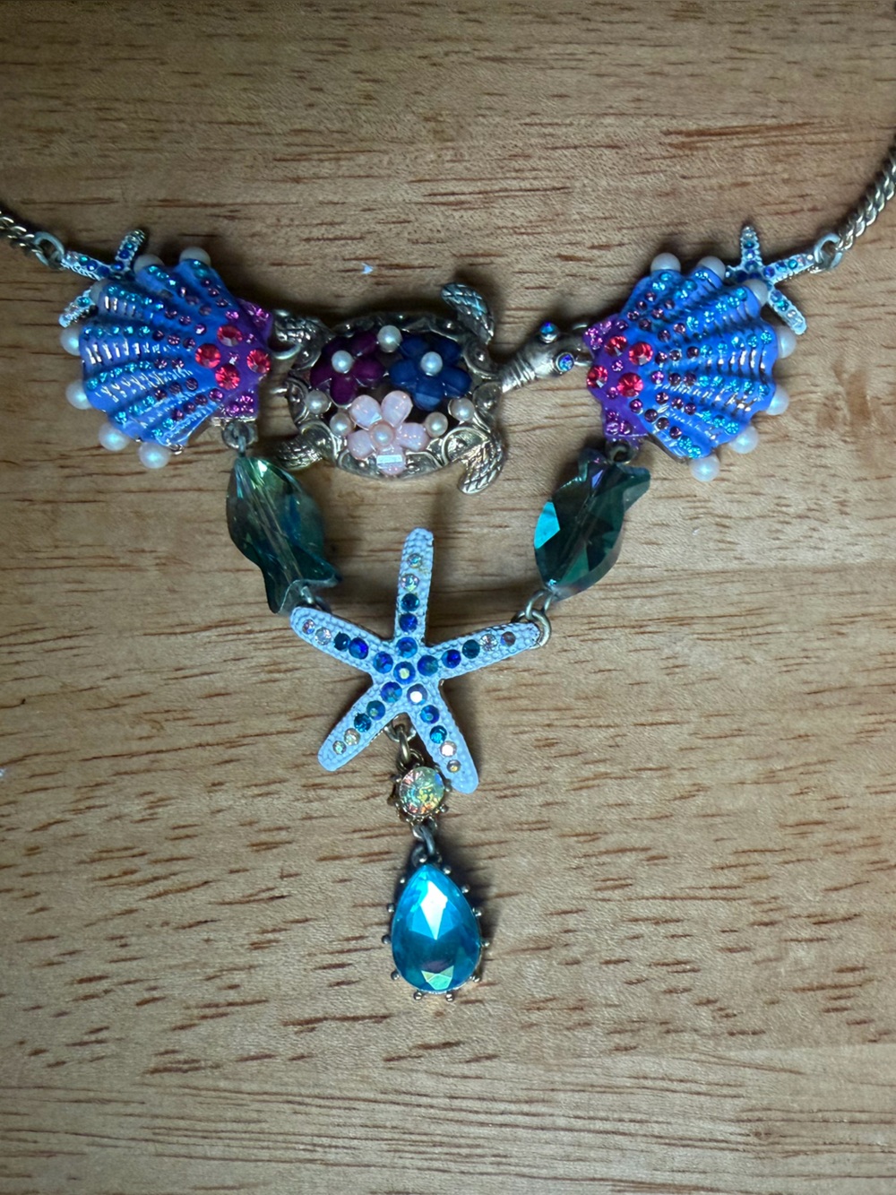 Betsey Johnson Blue Sea Life Statement Necklace Turtle Starfish Shell Rhinestone - Picture 2 of 3